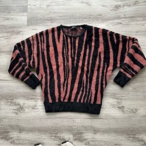 Tahari Women’s Batwing Fuzzy Pink and Black Striped Sweater Medium M
